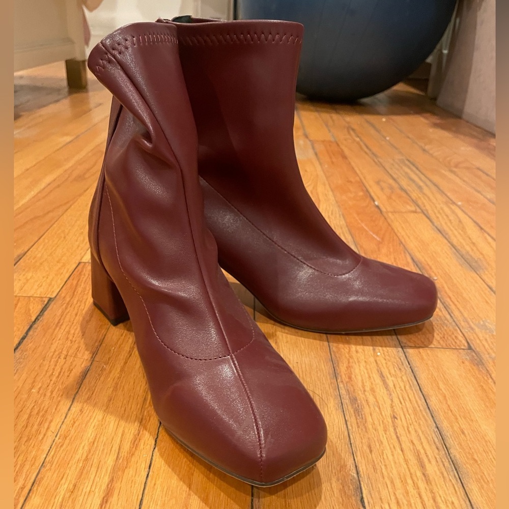𝗡𝗪𝗢𝗧: Fashion Faux Leather Zipper Ankle Boots Elegant Burgundy Ankle Boots - Picture 11 of 16